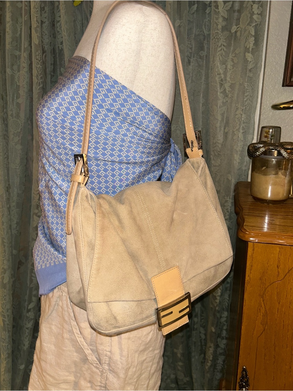 Fendi Mama Baguette Beige Suede Shoulder Bag